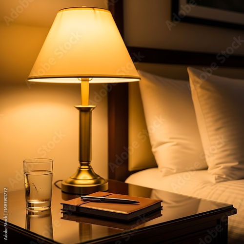 Bedside lamp with book and water glass on table
