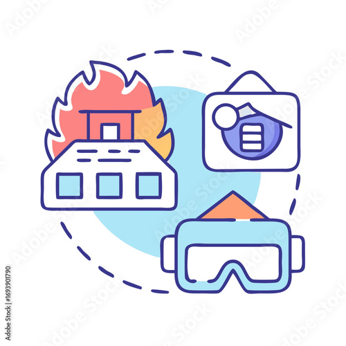 Metaverse disaster simulation graphic depicting fire, gas mask, and VR headset on black background