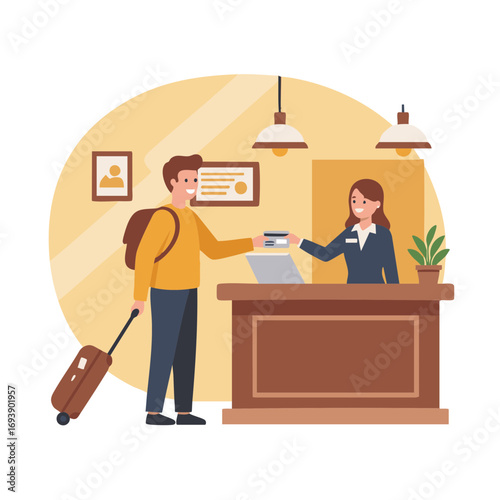 Man with suitcase checking in at hotel reception desk