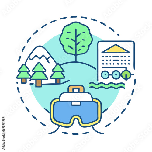 Outdoor Adventure Concept Icon with VR Goggles Depicting Nature Scenery and Technological Integration