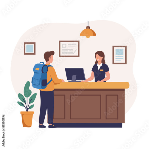 Tourist with backpack checking in at hotel reception