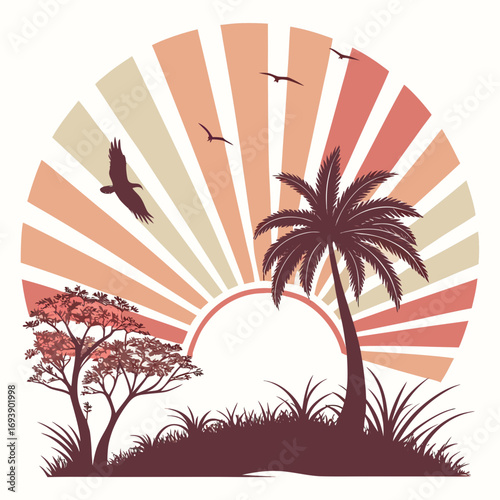 African savanna sunset illustration with palm tree, acacia tree, and birds, radiating sun rays, capturing the beauty of nature