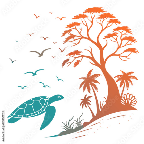 A sea turtle swimming near a tropical island with palm trees and birds, a serene and exotic nature scene