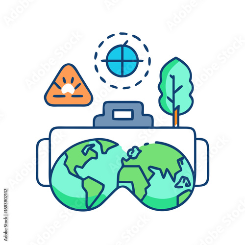 Virtual Reality Goggles Displaying Globe with Animal Threat and Eco-Friendly Iconography on Black Background