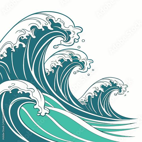 Illustration of ocean waves, capturing the essence of marine life, sea, and the dynamic energy of the water in a vector format