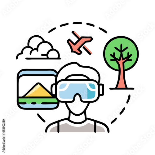 User with VR Headset experiencing various Environments and activities represented with minimalistic icons
