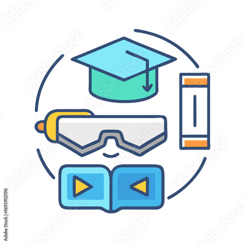 Virtual Reality Learning: A Concept Illustration with Graduation Cap and Media Controls