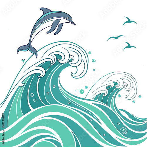Illustration of ocean waves with dolphin, showcasing marine life, sea, and the dynamic energy of water in a vector format