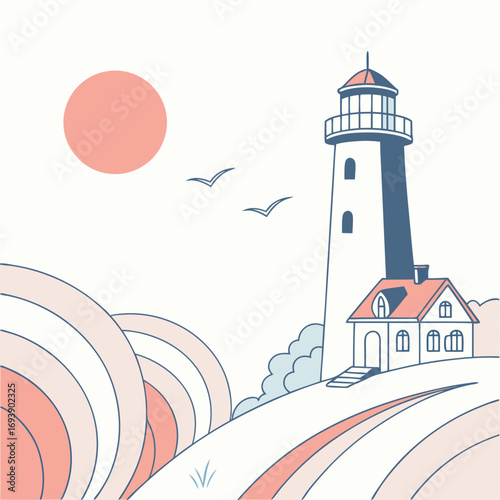 A picturesque lighthouse stands tall on a coastal hill, with birds flying by, capturing the essence of maritime charm