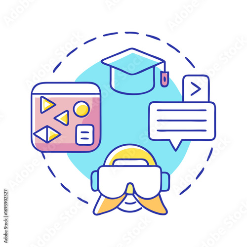Virtual Reality Learning: Modern Education in Metaverse with VR Headset, Graduation Cap and Interface