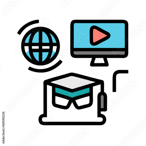 Online Education Icon with Globe, Video and Graduation Cap on Black Background