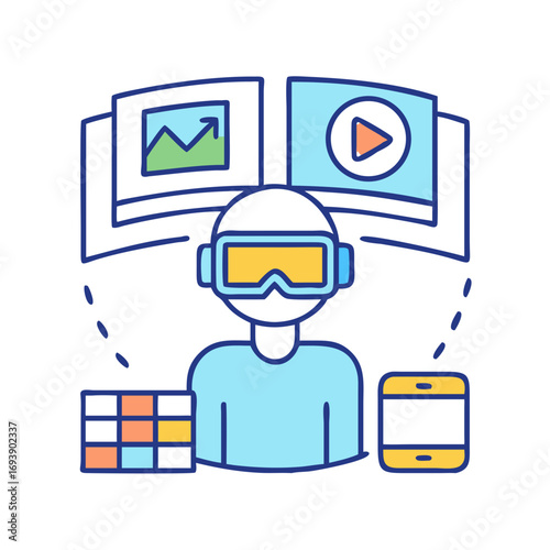 Person using VR headset surrounded by data analysis screens and mobile technology interface