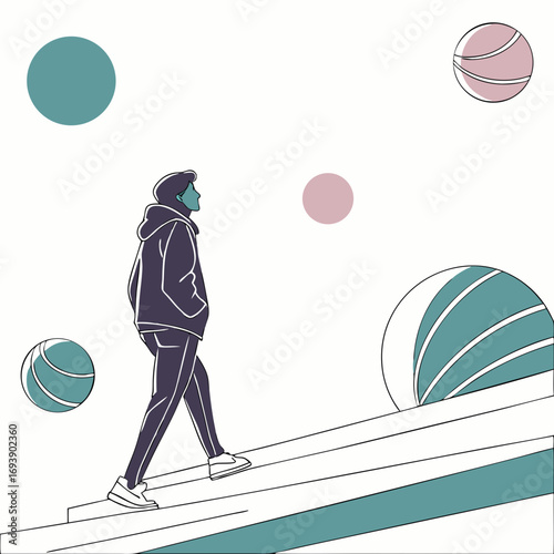 A contemplative figure ascends stairs towards floating planets, a modern illustration, exploring themes of ambition and space