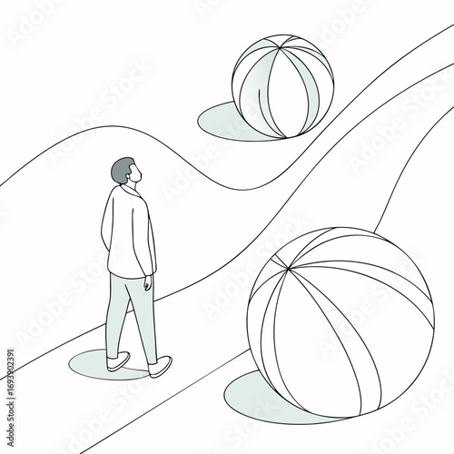 A lone figure walking towards giant balls on a wavy path, a minimalist illustration, symbolizing challenges and perspective