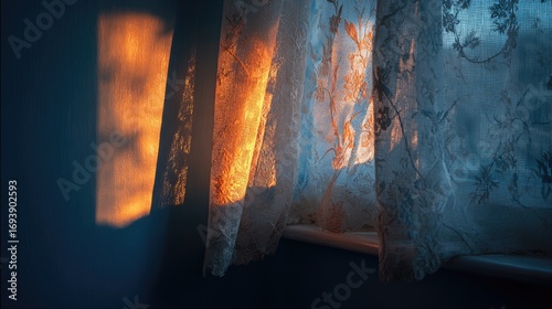 Warm sunset light streams through lace curtains