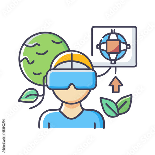 Person with VR Headset Interacting with Virtual World Representing Sustainability and Environmental Awareness