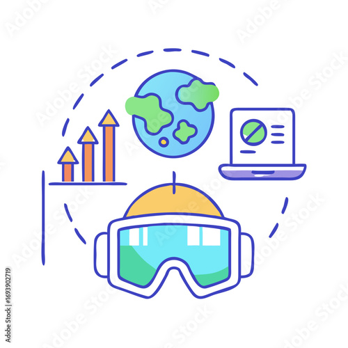 Abstract Metaverse Illustration with VR Headset, Earth Globe, Growth Charts, and Laptop