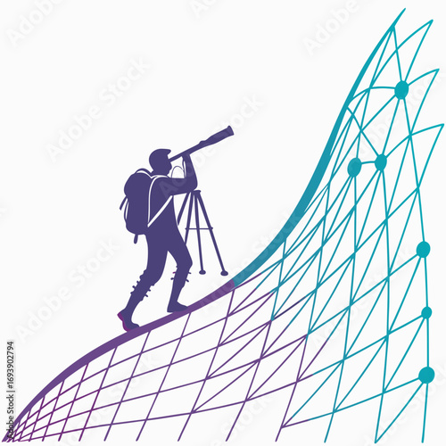 A man with a backpack is standing on a hill with a telescope he is looking at the sky, and he seems to be exploring the world