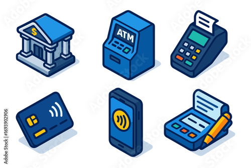 isometric fintech payments icon set , bank, atm, pos terminal, contactless card, nfc phone, receipt printer