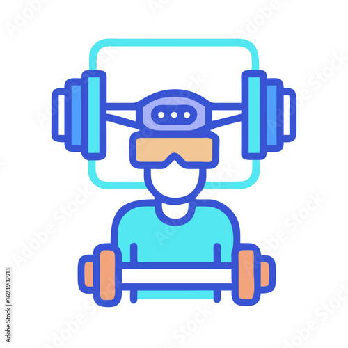 Stylized vector illustration of a person exercising in virtual reality with dumbbells on a black background