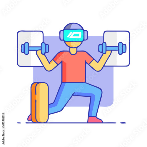 VR fitness workout: person exercising with dumbbells in virtual reality cartoon illustration