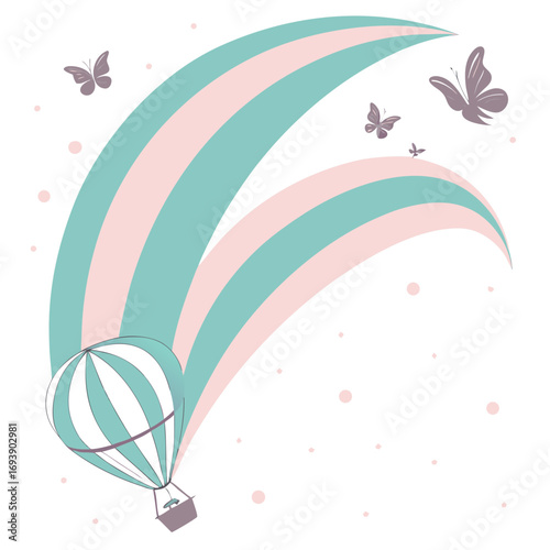 A whimsical illustration featuring a hot air balloon ascending amidst a pastel rainbow and fluttering butterflies