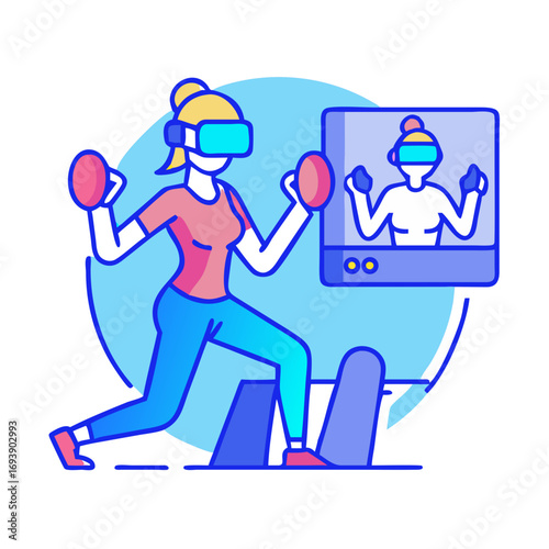 Cartoon female exercising in virtual reality for fitness and entertainment