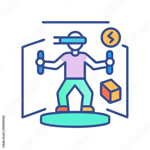 Colorful vector illustration of a person using virtual reality headset and controllers in simulated environment