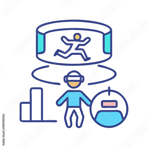 Virtual reality experience concept featuring an individual in VR headset interacting with simulated environment