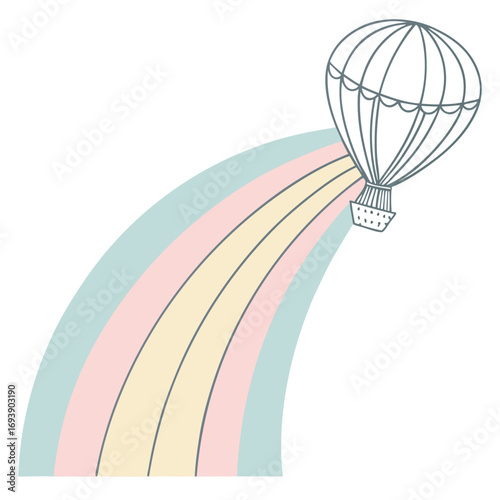 A whimsical illustration of a hot air balloon ascending along a pastel rainbow, , creating a dreamy and imaginative atmosphere
