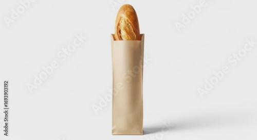 Freshly baked baguette in a paper bag isolated on white background