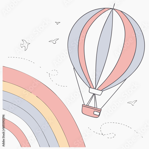 A colorful hot air balloon soars near a vibrant rainbow, accompanied by birds in flight, creating a cheerful and uplifting scene