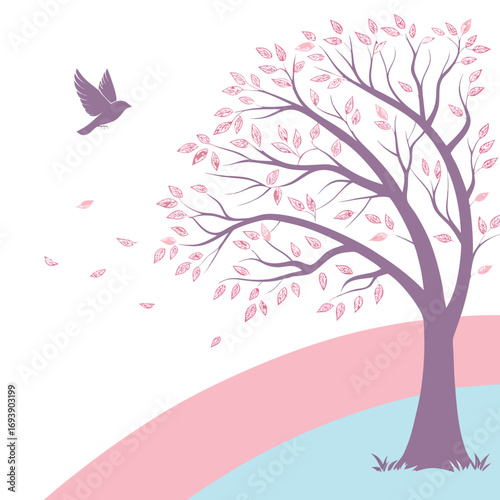 A serene scene of a blossoming tree with a bird in flight, , evoking a sense of peace and renewal in a minimalist style