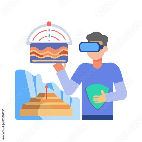 Person using VR headset interacting with virtual layered data and pyramid model, black background