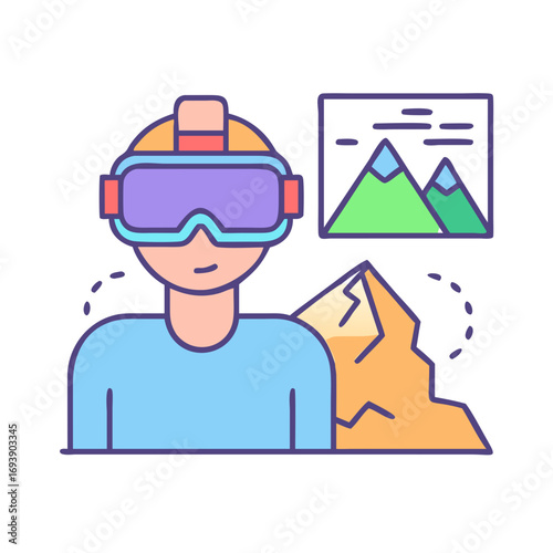 Cartoon man exploring virtual mountains with VR headset on a black background