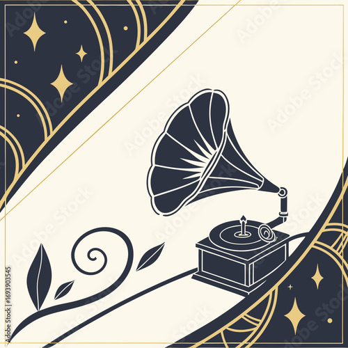 Elegant art deco design featuring a vintage gramophone with floral accents and star details, creating a nostalgic and stylish