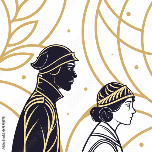 A captivating art deco illustration of a man and woman in profile, adorned with intricate gold leaf details and a timeless vintage charm