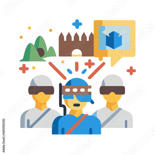 People experiencing augmented reality adventure visiting historical sites with VR headsets on, digital concept