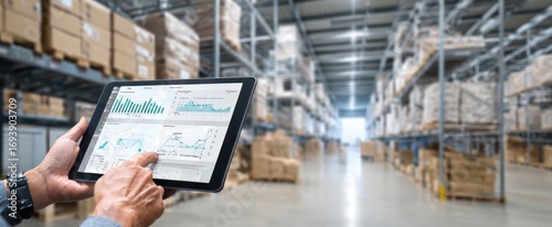 The Tablet Displaying Inventory Analytics in a Modern Warehouse with Shelves and Boxes in Background