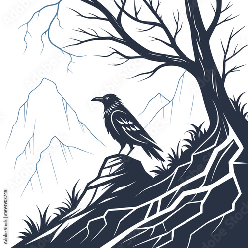 A raven perched on a rocky outcrop beneath a gnarled tree, a symbol of mystery and wisdom against a mountain backdrop