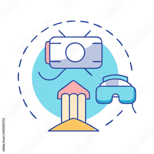 Virtual Reality Museum with Camera and VR Goggles on Light Blue Circle