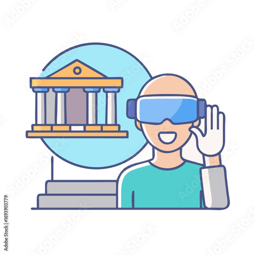Virtual Museum Visit: Man Wearing VR Goggles Exploring Digital Historical Landmark