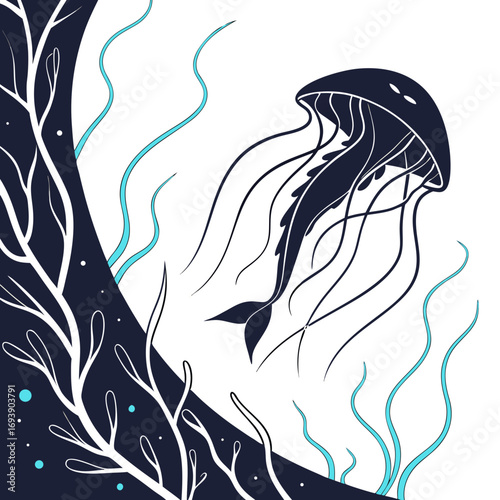 A graceful jellyfish drifts through the deep sea, surrounded by seaweed and other marine life, creating a serene scene