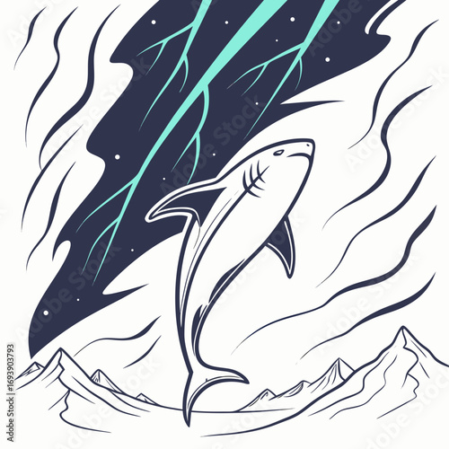 A majestic shark leaps from the icy depths beneath a sky illuminated by lightning, with snowcapped mountains in the background