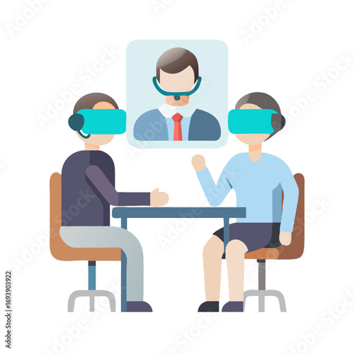 Virtual Reality Meeting Illustration Featuring Two Individuals in VR Headsets and a Consultant