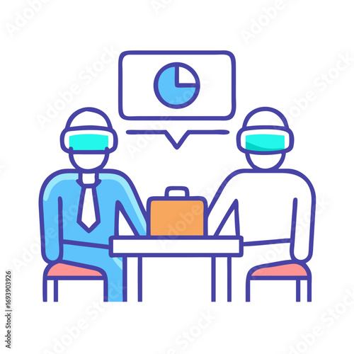 Business meeting in virtual reality with pie chart data visualization and professional discussion