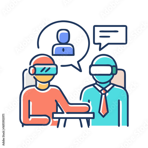 Virtual Reality Meeting Illustration Depicting Two People Communicating in a Digital Environment