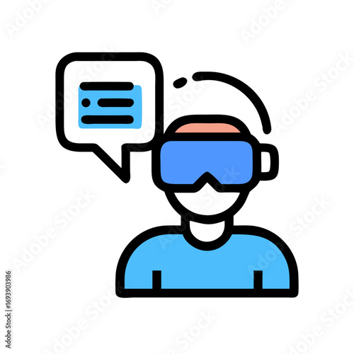 Stylized vector image of a person with VR headset and a menu interface
