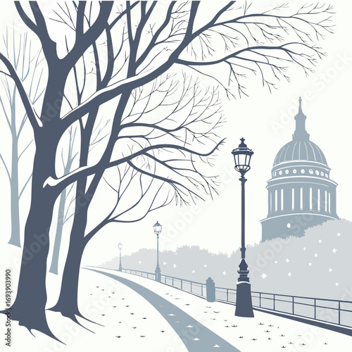 A serene winter scene featuring bare trees, a snowy path, and a distant building, the illustration evokes a peaceful atmosphere