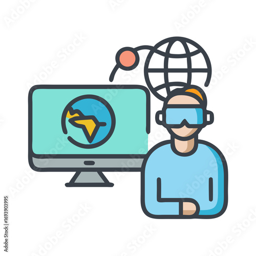 Virtual Reality and Global Connection Illustration with Person Wearing VR Headset and Digital Display